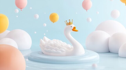 Adorable Swan with Crown Floating in a Festive Scene Surrounded by Colorful Balloons and Soft Clouds