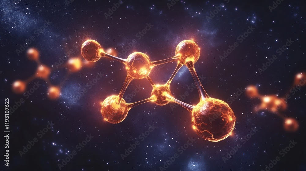 Poster an abstract representation of a molecule in space, with glowing atoms connected by lines.