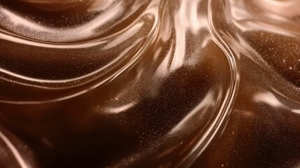 Close-up view of glossy chocolate swirls creating an abstract texture with a smooth surface. The rich brown colors and sheen evoke a sense of indulgence.