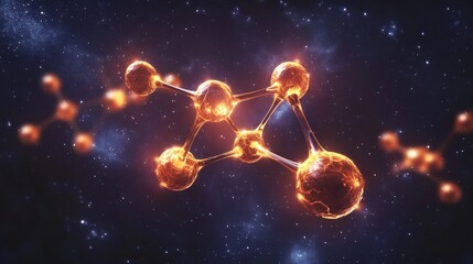 An abstract representation of a molecule in space, with glowing atoms connected by lines.