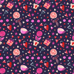 Watercolor valentine's day seamless pattern. Bright red and pink love background. Texture for fabric, textile, wrapping paper, digital paper. Lollipop, candy, gift box, garlands, hearts, key, cup.