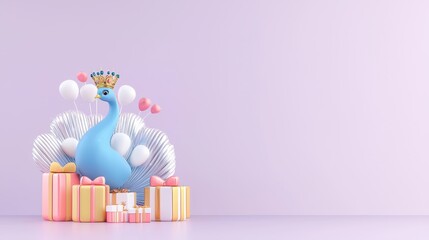 Obraz premium Sparkly Crowned Peacock Posing Elegantly Among Colorful Presents in a Soft Purple Background