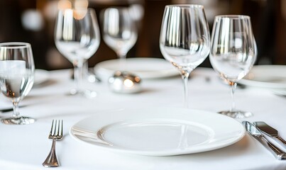 Fototapeta premium Empty plate setting on restaurant table with glasses, silverware, and blurred background.