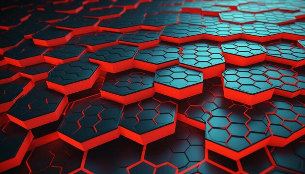 3D render, futuristic honeycomb grid with luminous red highlights and textured depth