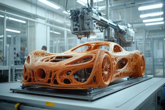 An intricate 3D printed frame of a sports car in bright orange, representing cutting-edge manufacturing technology and innovative automotive design principles.