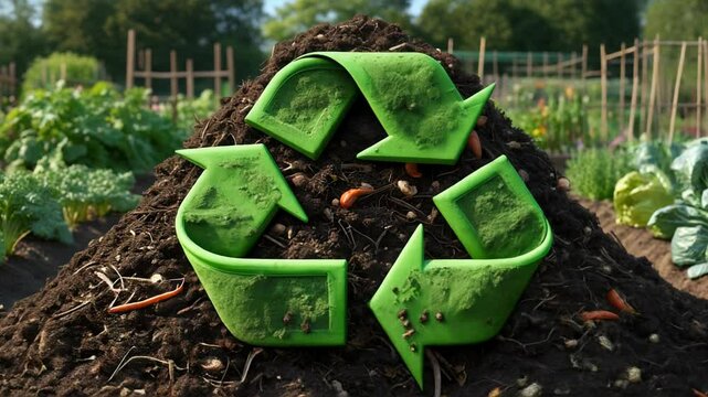 Recycling symbol made of soil and grass promoting composting and organic waste recycling.
