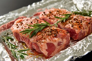 Savory pork chops marinated with herbs ready for grilling under warm afternoon light