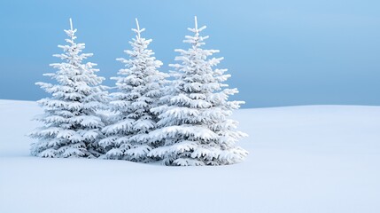 Three snow-covered evergreen trees stand in a snowy field against a clear blue sky.