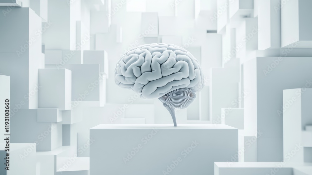 Poster abstract representation of a human brain surrounded by geometric white shapes and structures in a mo