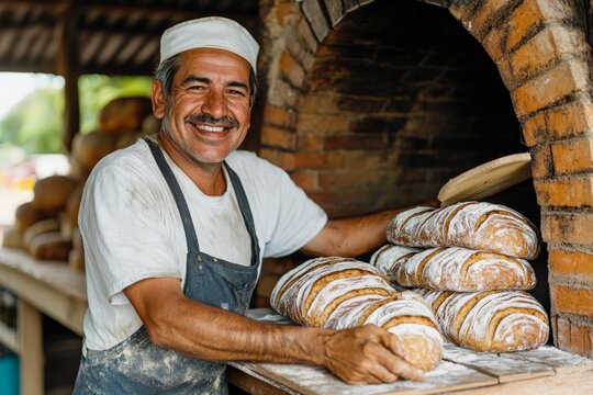 A baker proudly holds artisanal bread by a rustic brick oven, showcasing traditional baking techniques and a passion for craftsmanship in a warm and inviting atmosphere.
