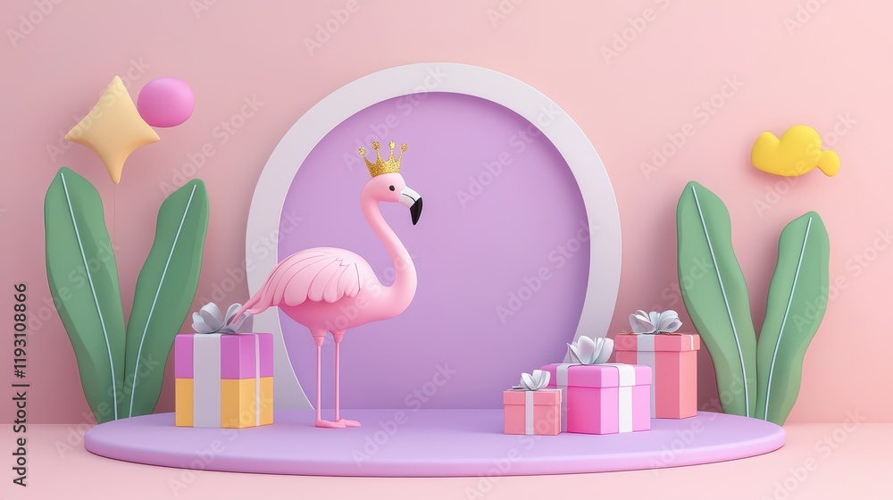 Poster fun and colorful flamingo with glittery crown surrounded by presents in a playful party setting