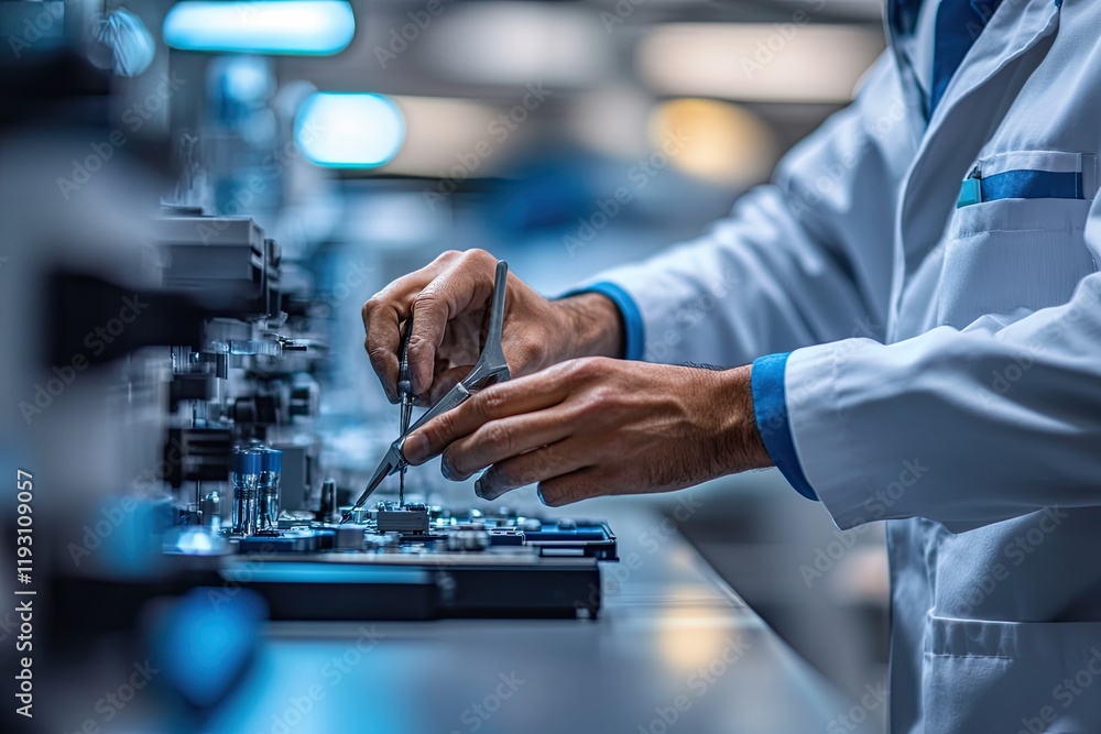 Poster close-up of service technician hands using tools to repair device with softly blurred workspace behi