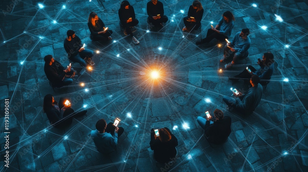 Aufkleber group of people sitting in a circle with glowing phones connected by illuminated digital lines durin