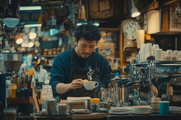 An expert barista skillfully prepares a cup of steaming coffee amidst a dynamic atmosphere, highlighting his commitment to quality and customer satisfaction.