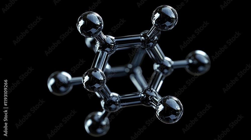 Poster a digitally created carbon atom, showing its hexagonal bonding structure commonly seen in organic ch
