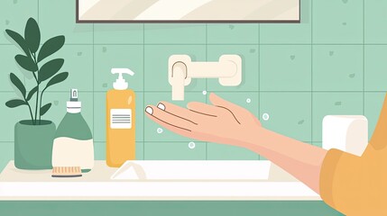 A clean and simple illustration showing a hand under a faucet with soap and cleaning essentials, promoting hygiene.