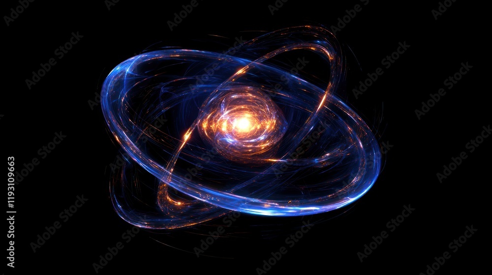 Poster a digital representation of an atomâ€™s structure, with a glowing nucleus and electrons moving in de