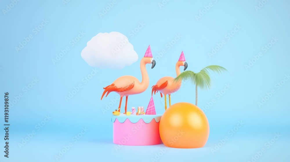Poster playful group of flamingos in colorful party hats standing on a vibrant set with an orange for a fun