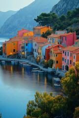Village pittoresque en bord de mer avec reflets lumineux au cr&eacute;puscule