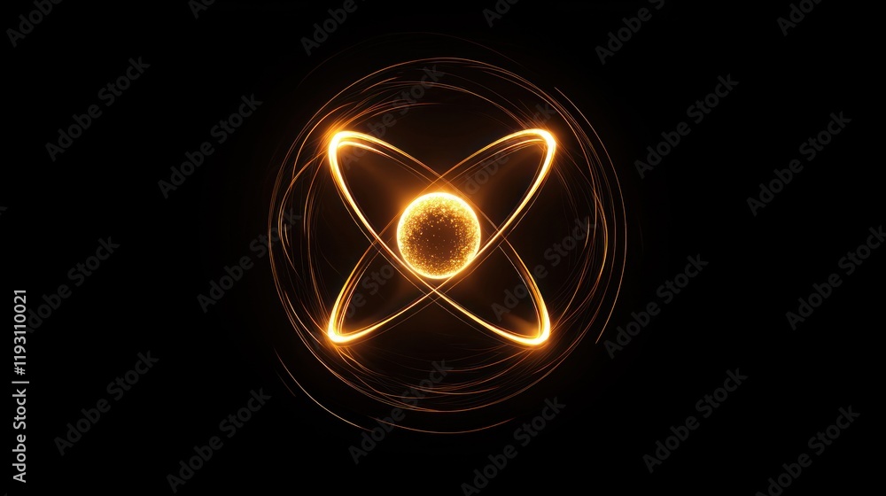 Poster a glowing symbol of an atom with a nucleus and orbiting electrons, displayed in the center of the im