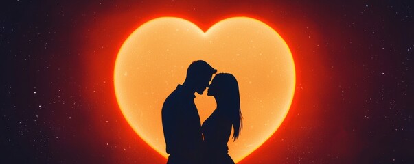 Valentine's day theme background. A romantic silhouette of a couple embracing against a glowing heart backdrop, symbolizing love and connection.
