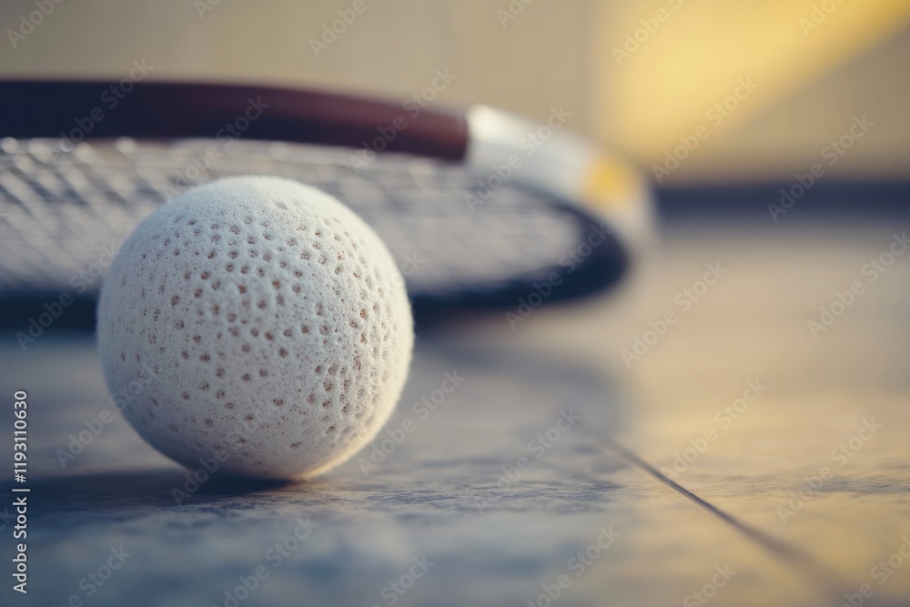 Poster close-up of squash ball on floor its texture visible with racquet handle softly blurred behind