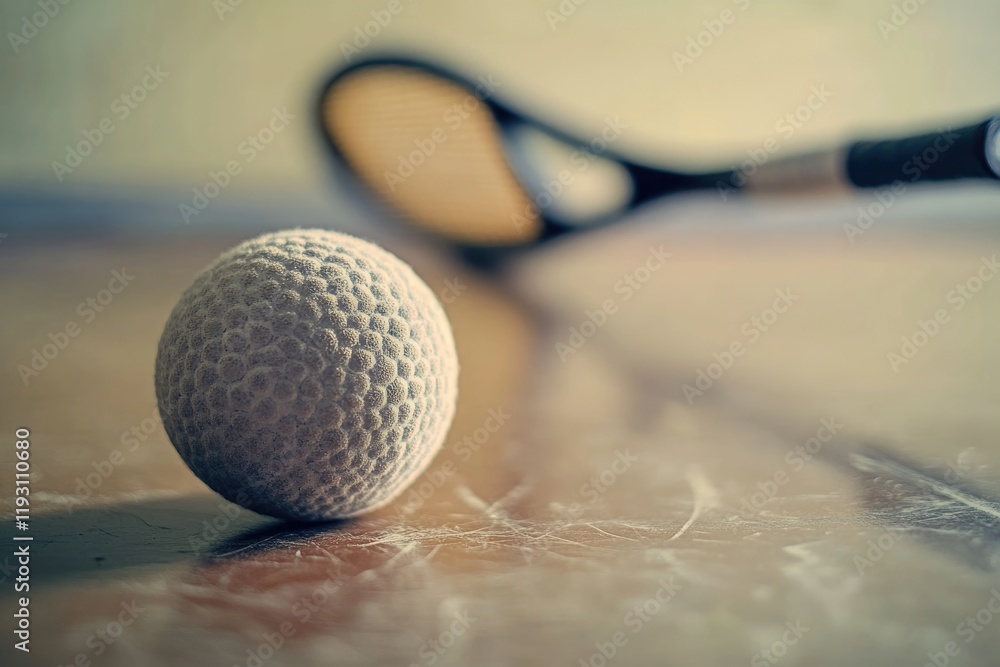 Poster close-up of squash ball on floor its texture visible with racquet handle softly blurred behind