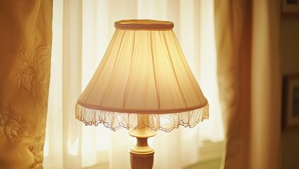Lit lamp by sheer curtains in cozy home interior, ideal for home decor websites.