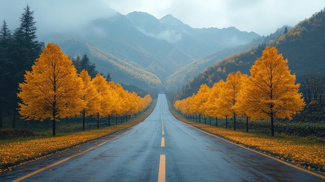Scenic autumn road with golden trees and misty mountains. - Powered by Adobe