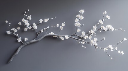 A detailed branch with many white blossoms against a smooth gray background provides a calming aesthetic