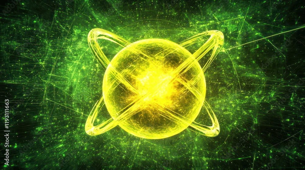 Poster a concept image of a uranium atom, focusing on its heavy, radioactive properties and inner atomic st