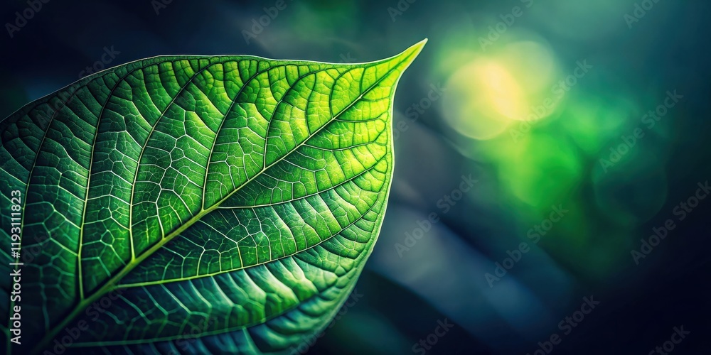 Poster close-up view of a vibrant green leaf, showcasing intricate vein patterns and natural textures again