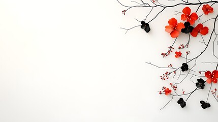 Red and black paper flowers on branches against white background.