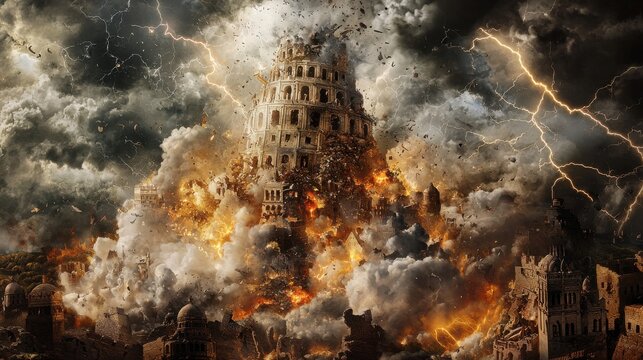 Destruction of the tower of babel ancient city digital dramatic environment aerial view religious concept