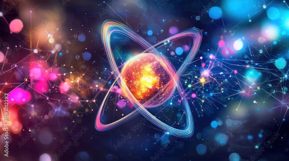 Poster a colorful, fluid abstract atom representation, with electrons and protons flowing in an artistic pa