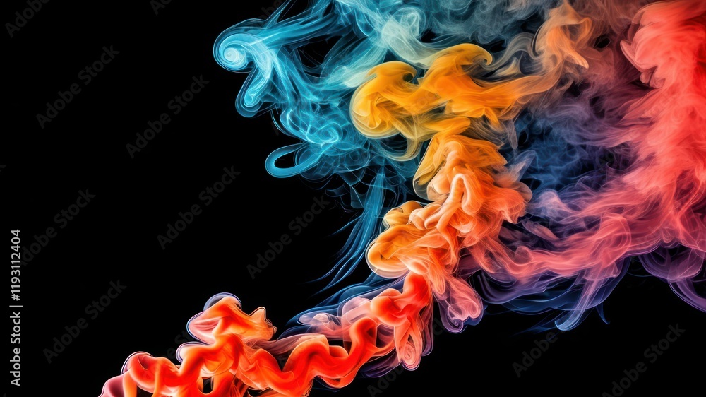 Poster colorful smoke swirls create dynamic abstract patterns against a black background, ideal for artisti