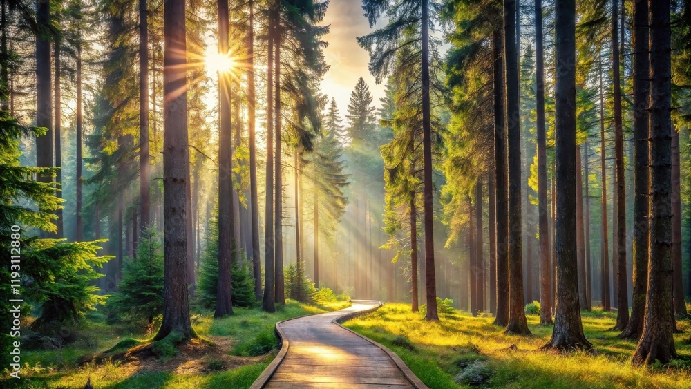 Poster sunlit path through a misty forest at dawn