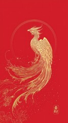 Fototapeta premium Elegant Golden Phoenix Illustration on Red Background Celebrating Chinese New Year with Festive Style and Intricate Design Elements