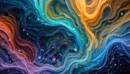 Abstract swirling colors with vibrant spheres floating