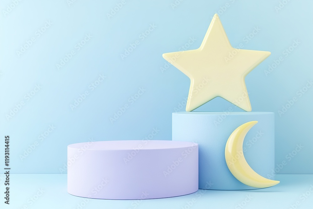 Poster whimsical podium design with star and moon shapes in soft pastel colors on a calming light blue back