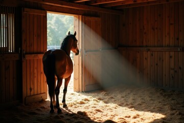 A horse stands in a wooden stable filled with hay, looking out through an open door. Sunlight streams in, creating warm and cozy shadows