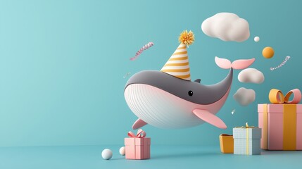 Whimsical Cartoon Whale Celebrating Birthday with Colorful Party Hat and Gifts in Bright, Cheerful Environment