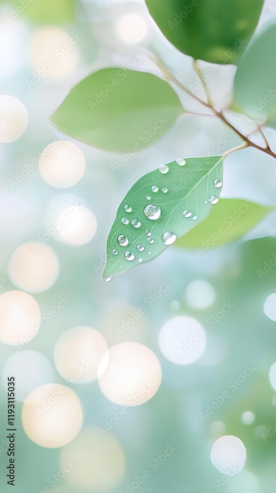 Poster close-up of dewdrops on a leaf, hyper-detailed with soft sunlight creating sparkling bokeh in the ba