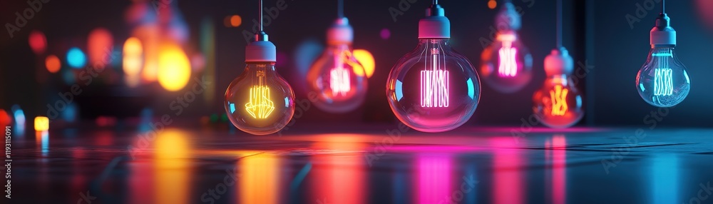 Poster floating creative icons in a modern digital workspace with glowing neon accents providing an abstrac