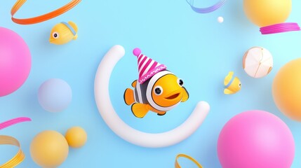 Cheerful Clownfish in Birthday Hat Swimming Amid Colorful Playful Shapes and Bright Background