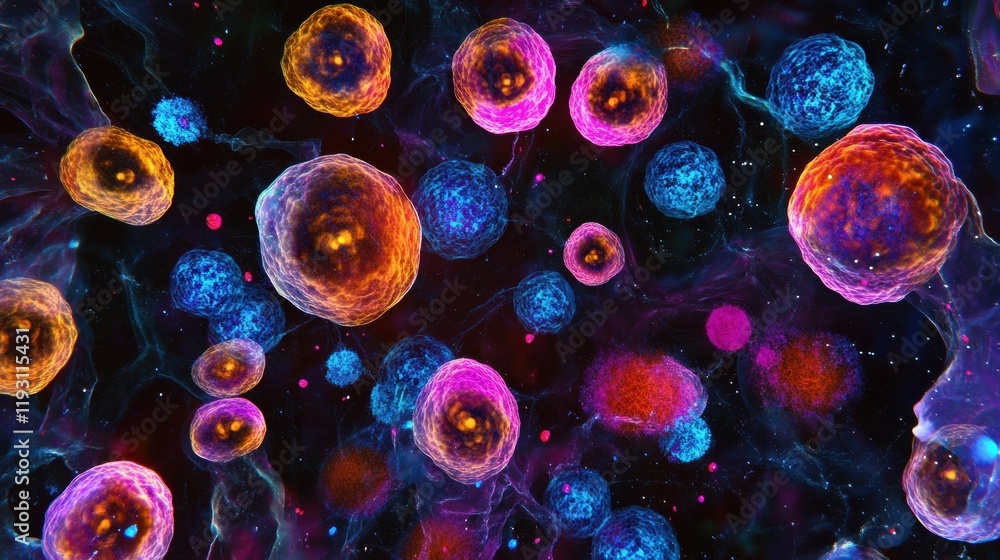 Poster magnified view of colorful viruses showcasing their intricate structures in a vibrant scientific con