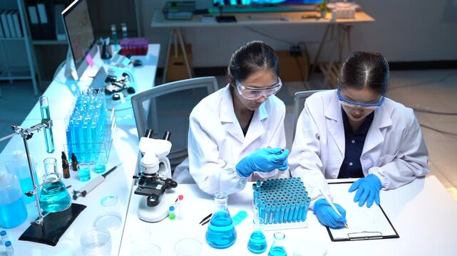 Two young asian scientists women wearing lab coats and gloves are working together in modern laboratory, doing research on a blue liquid, taking notes on a clipboard