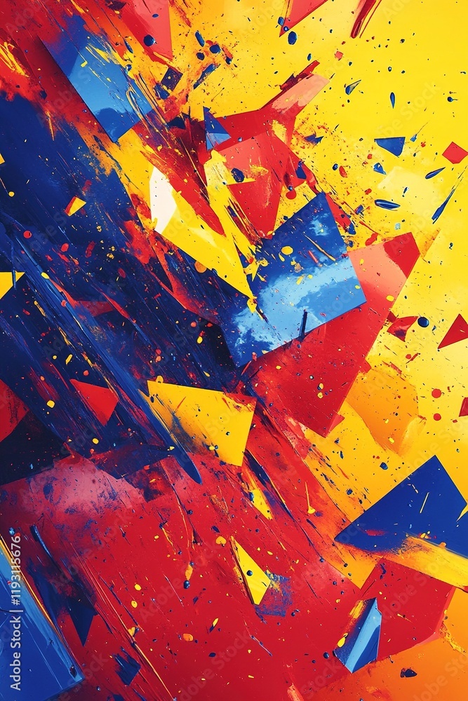 Poster dynamic explosion of colorful paint splashes with geometric shapes creating an artistic and creative