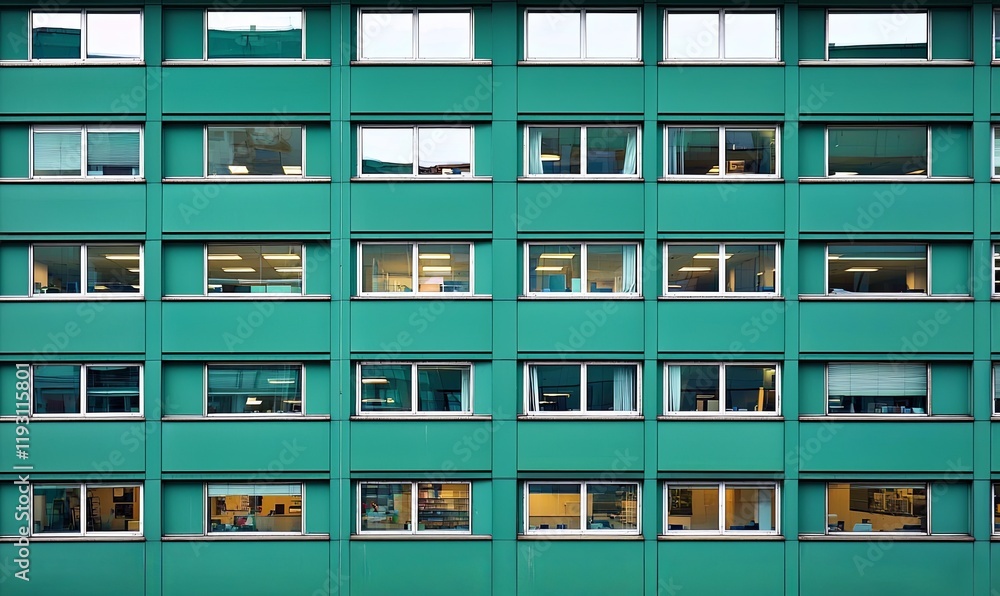 Poster teal building facade with rows of lit windows, ideal for architecture or urban themes.