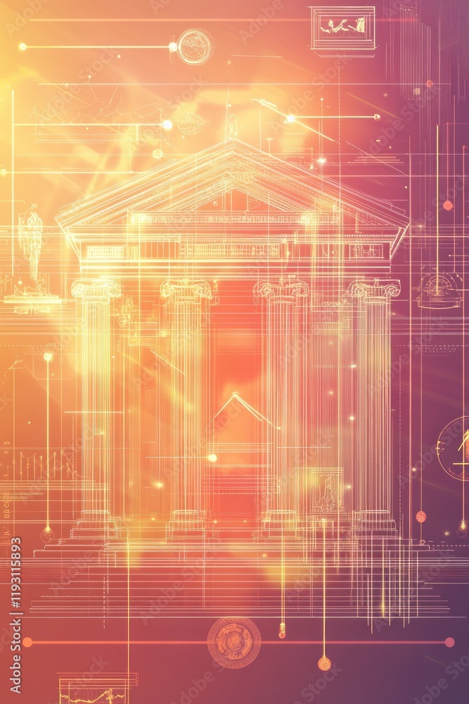 Poster government building with abstract futuristic data analysis interface